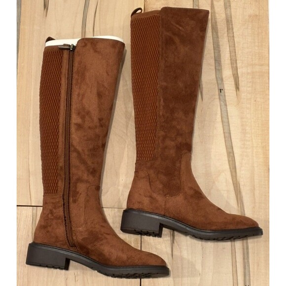 Kenneth Cole Reaction Lionel Tall Stretch Back Panel Boots Caramel Cafe - Picture 3 of 9